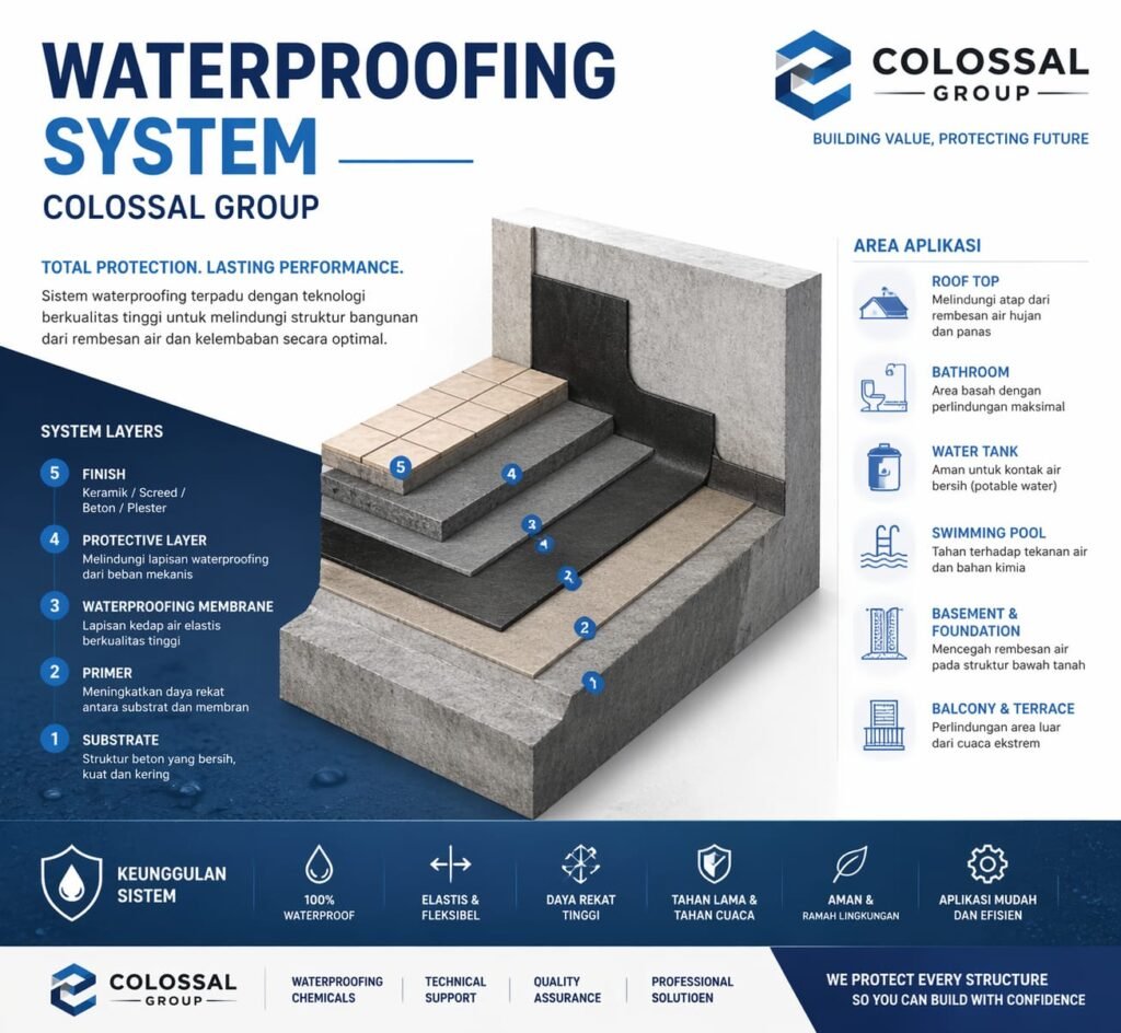 Hasil akhir aplikasi waterproofing coating pada dak beton gedung di Jawa Barat yang memberikan lapisan kedap air sempurna, rapi, dan tahan lama